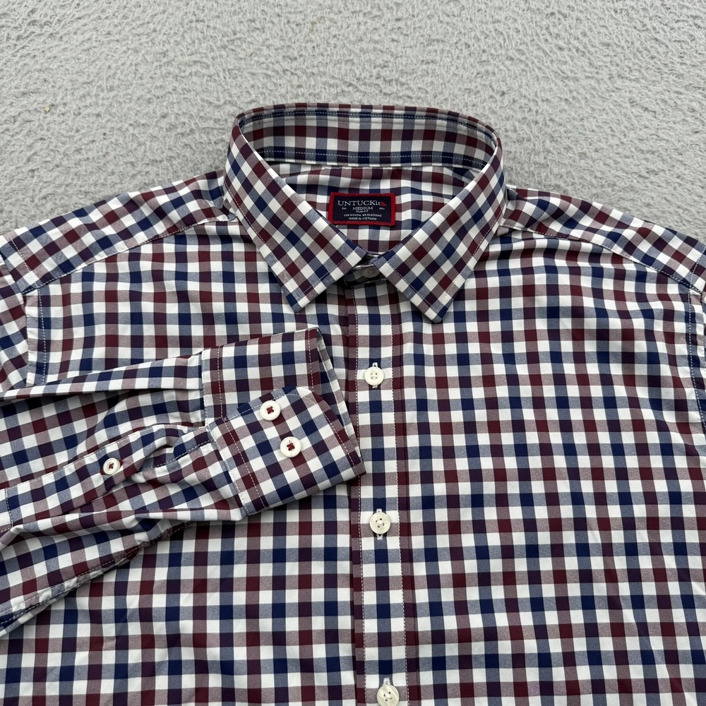 UNTUCKit Button Down Shirt Mens M Navy Burgundy Gingham Aubert Slim Fit